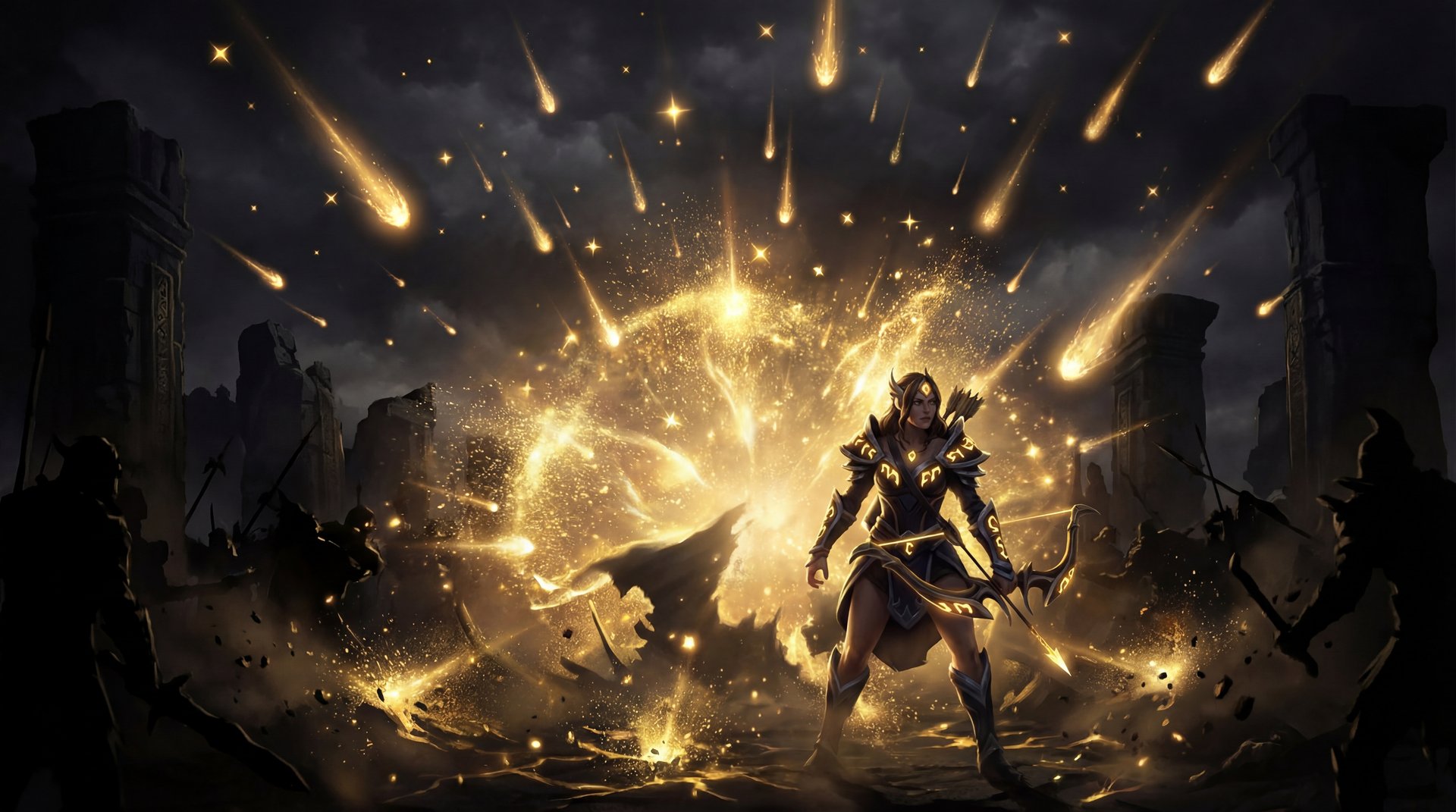Mirana casting Starstorm ability stars falling from sky Dota 2 art style