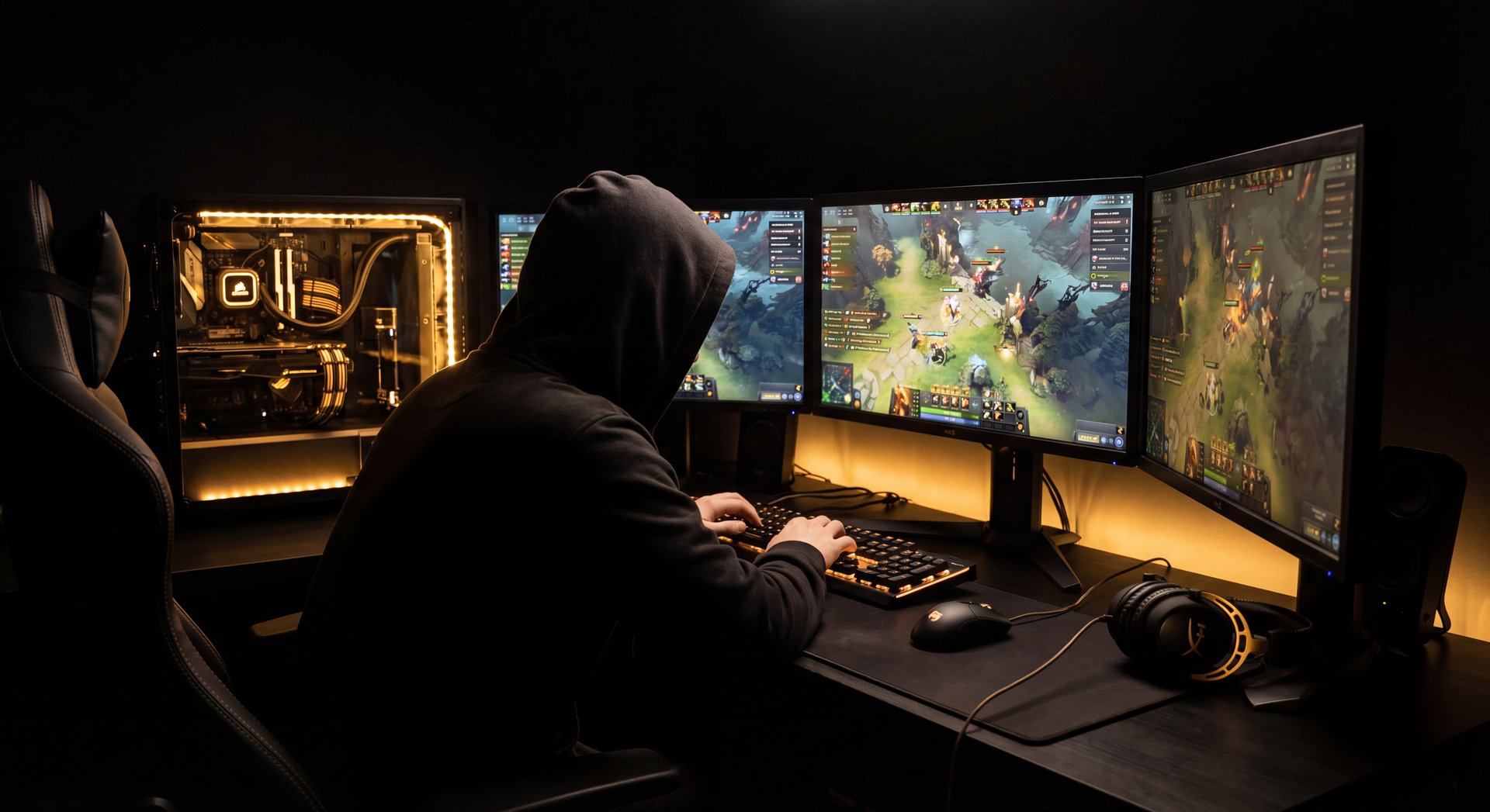 Ranked MMR climb atmosphere in Dota 2 with cinematic black and gold lighting