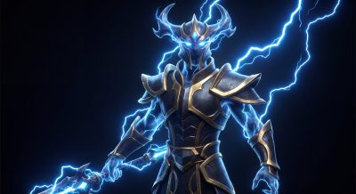 Razor cinematic portrait with lightning and gold accents on black background
