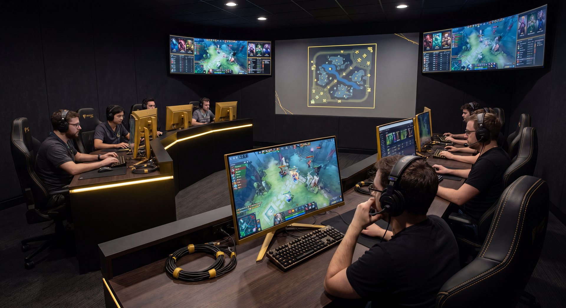 Professional Dota 2 boosting control room style scene in black and gold
