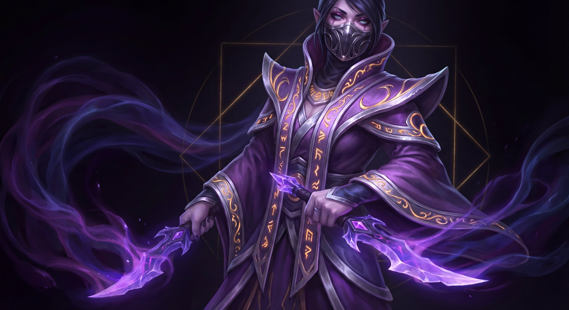 Templar Assassin cinematic portrait in gold and black aesthetic