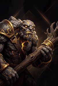 Tiny Dota 2 cinematic portrait with gold accents