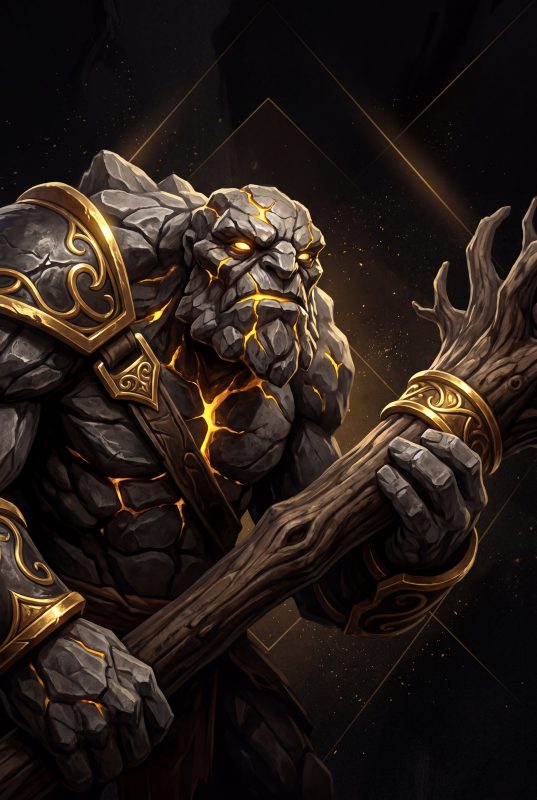 Tiny Dota 2 cinematic portrait with gold accents