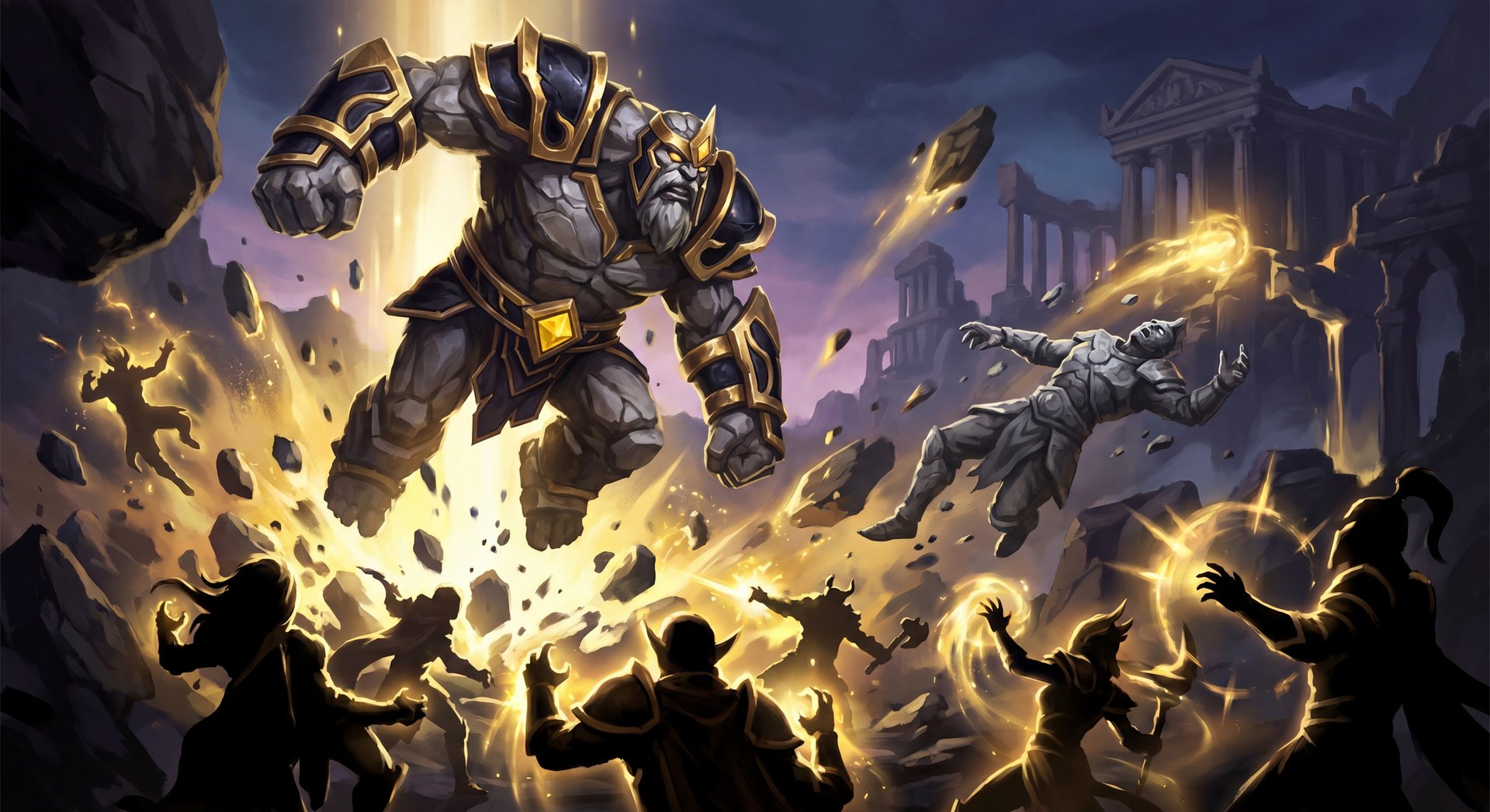 Tiny facing key counter heroes in dark dramatic scene