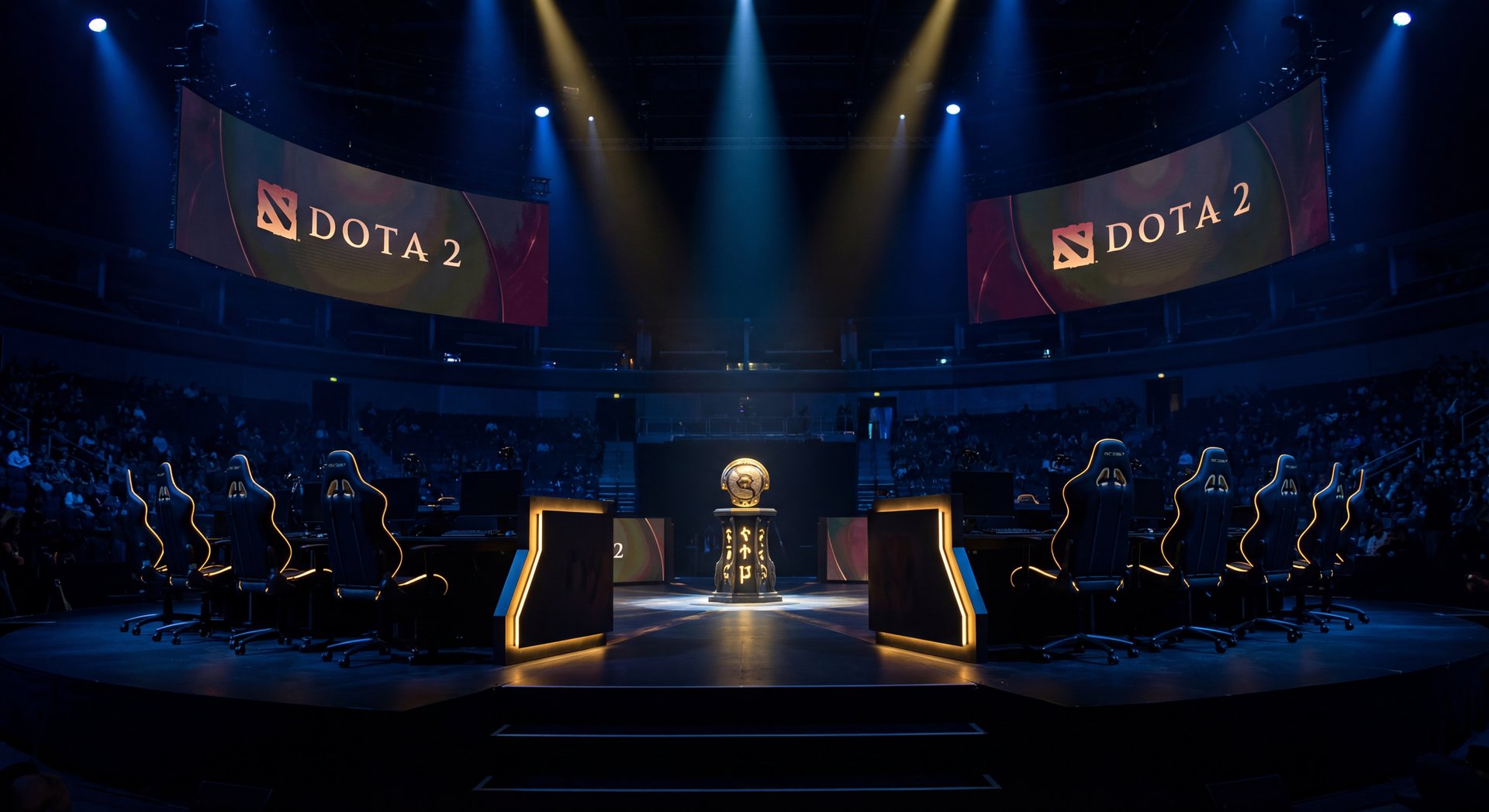 Dota 2 competitive esports tournament stage with dramatic lighting