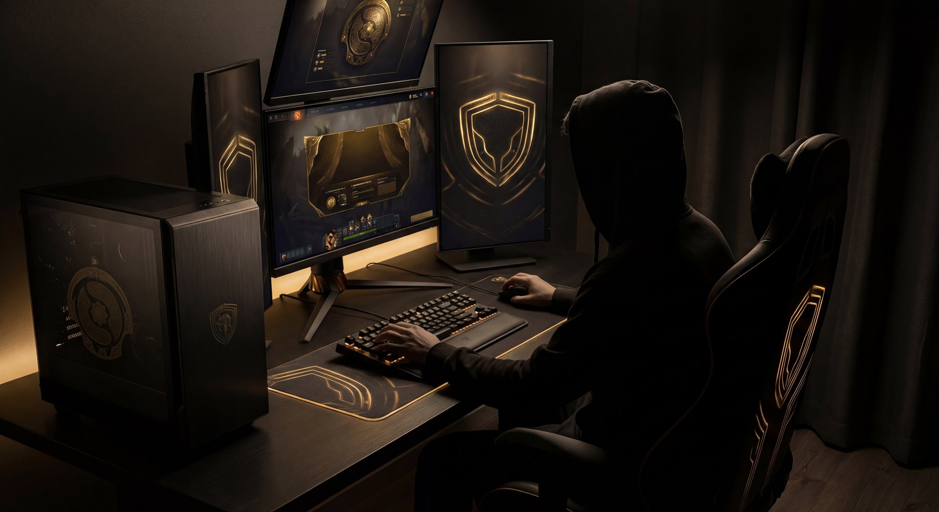 High rank Dota 2 player silhouette with secure account concept, dark cinematic