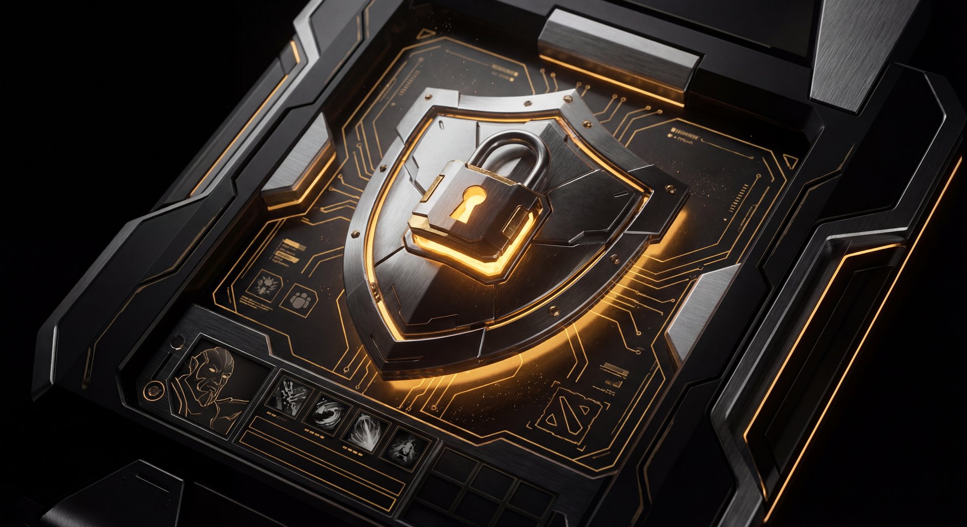 Secure Dota 2 account boosting concept with shield and golden highlights on black