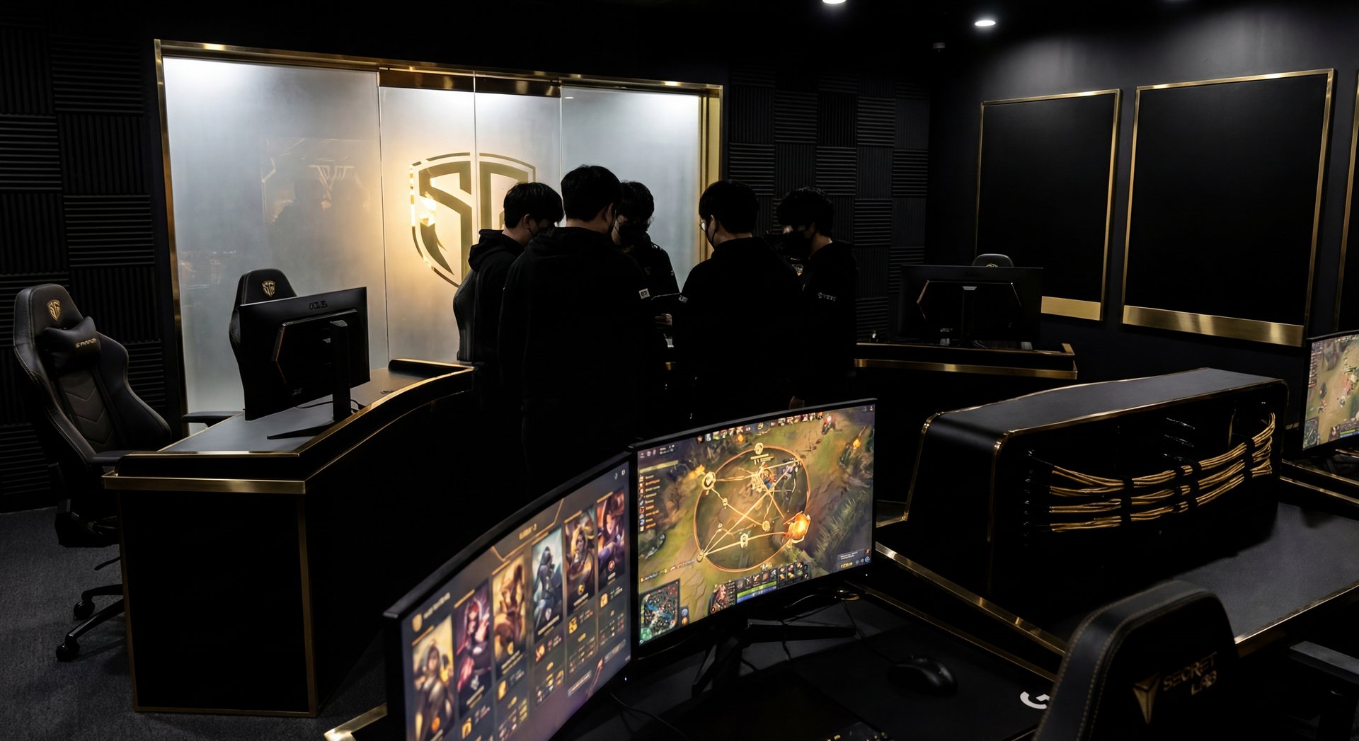 Dota 2 draft strategy room with cinematic black and gold lighting