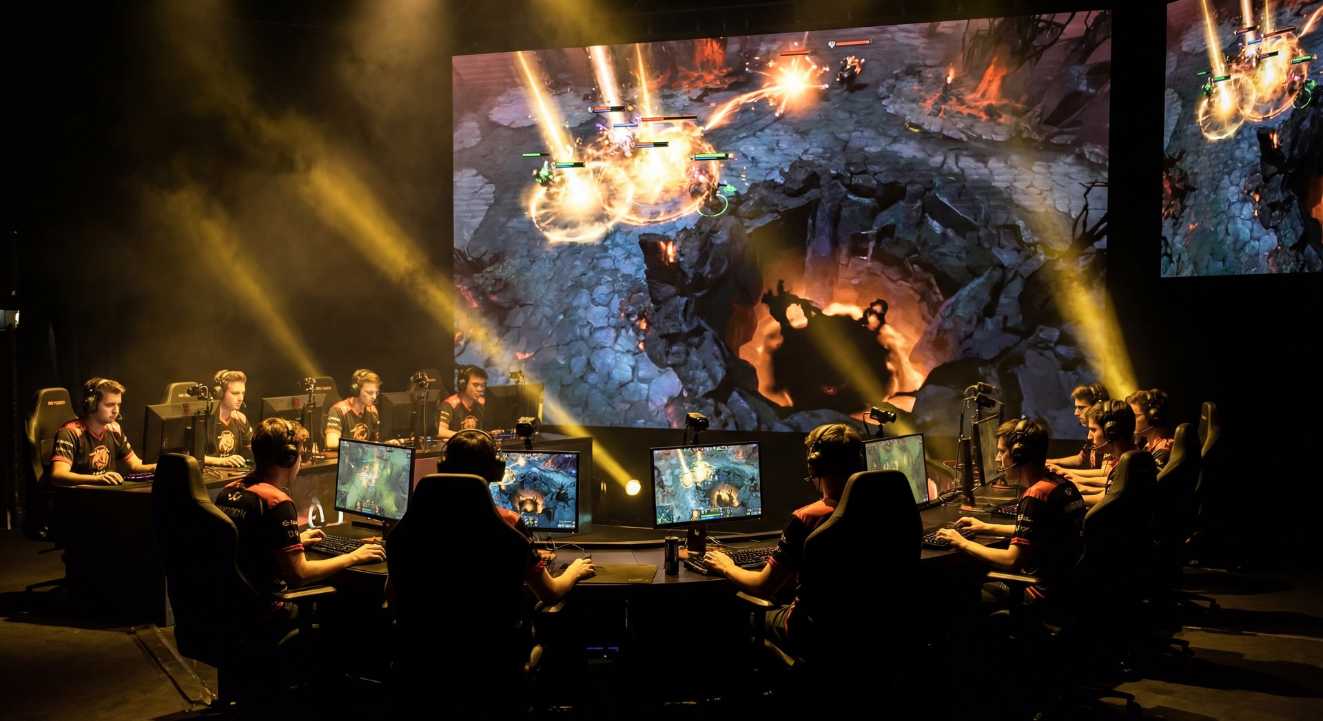High intensity Dota 2 teamfight scene with black and gold cinematic style