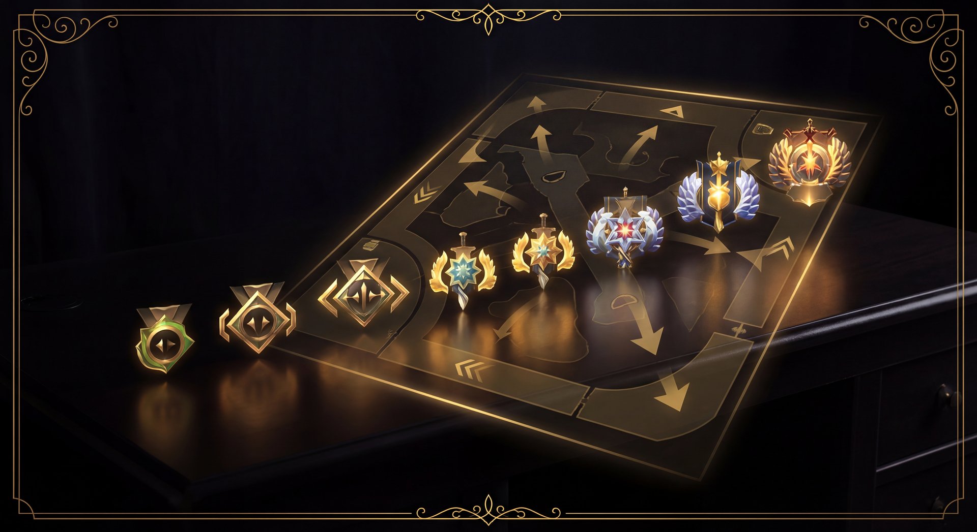 Dota 2 rank progression concept with dark black and gold visual style