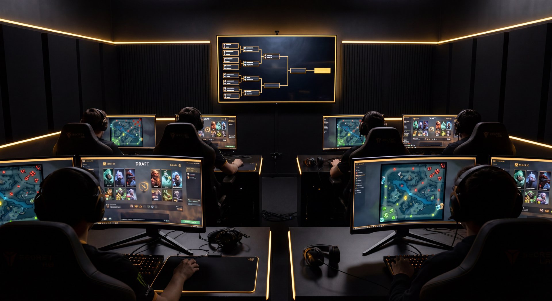 Dota 2 draft strategy board cinematic gold and black