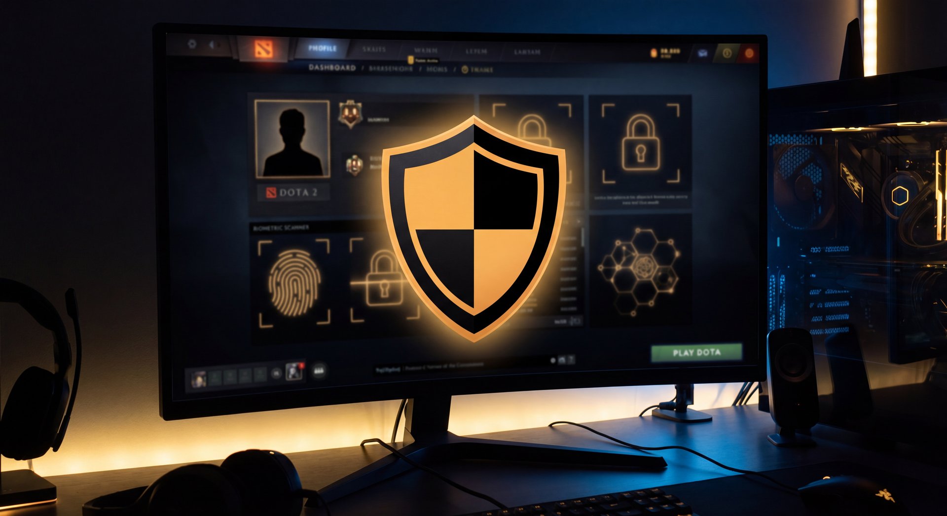 Secure gaming account shield in dark cinematic style