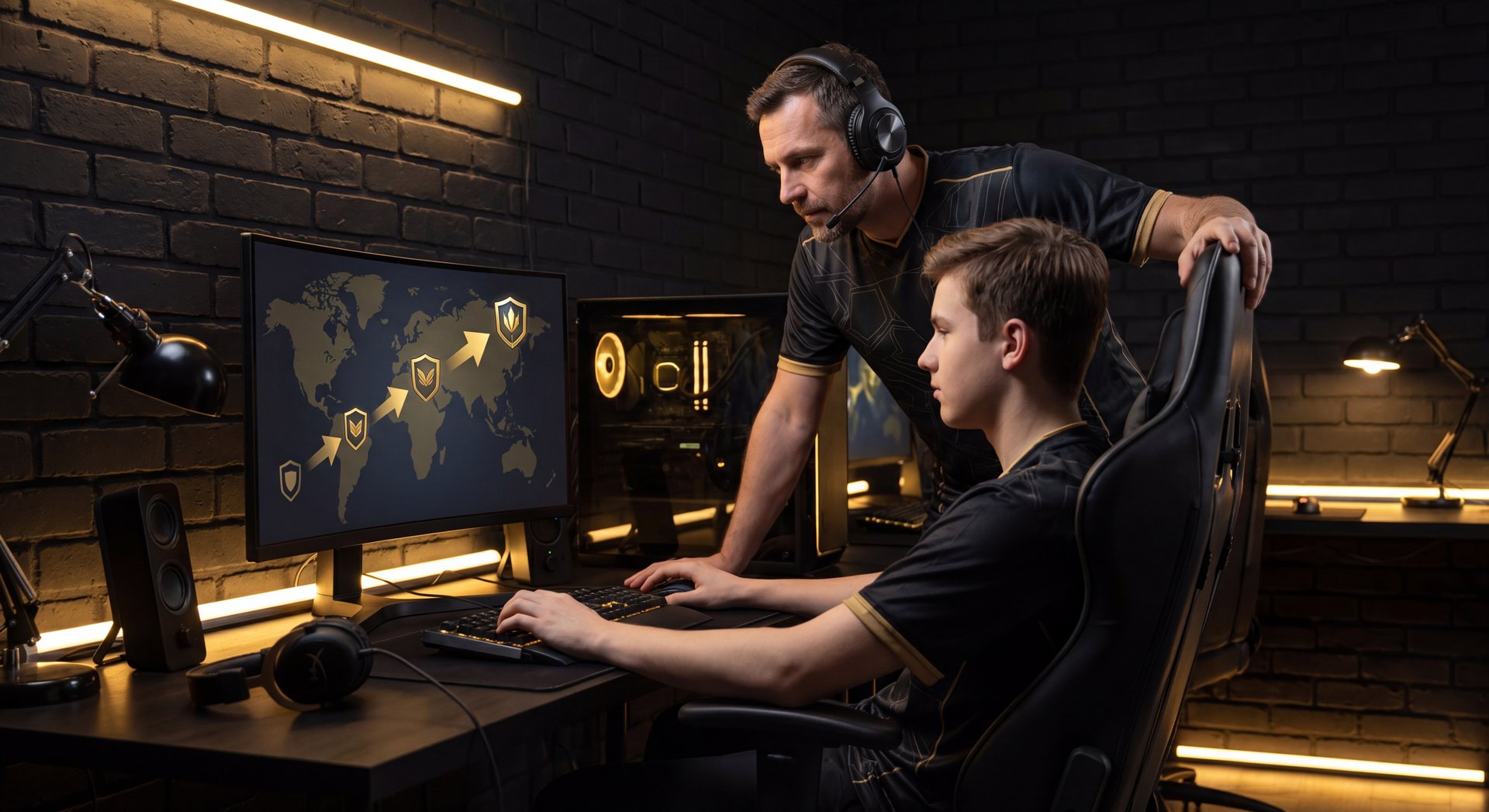 Cinematic coaching and rank progression concept in black and gold