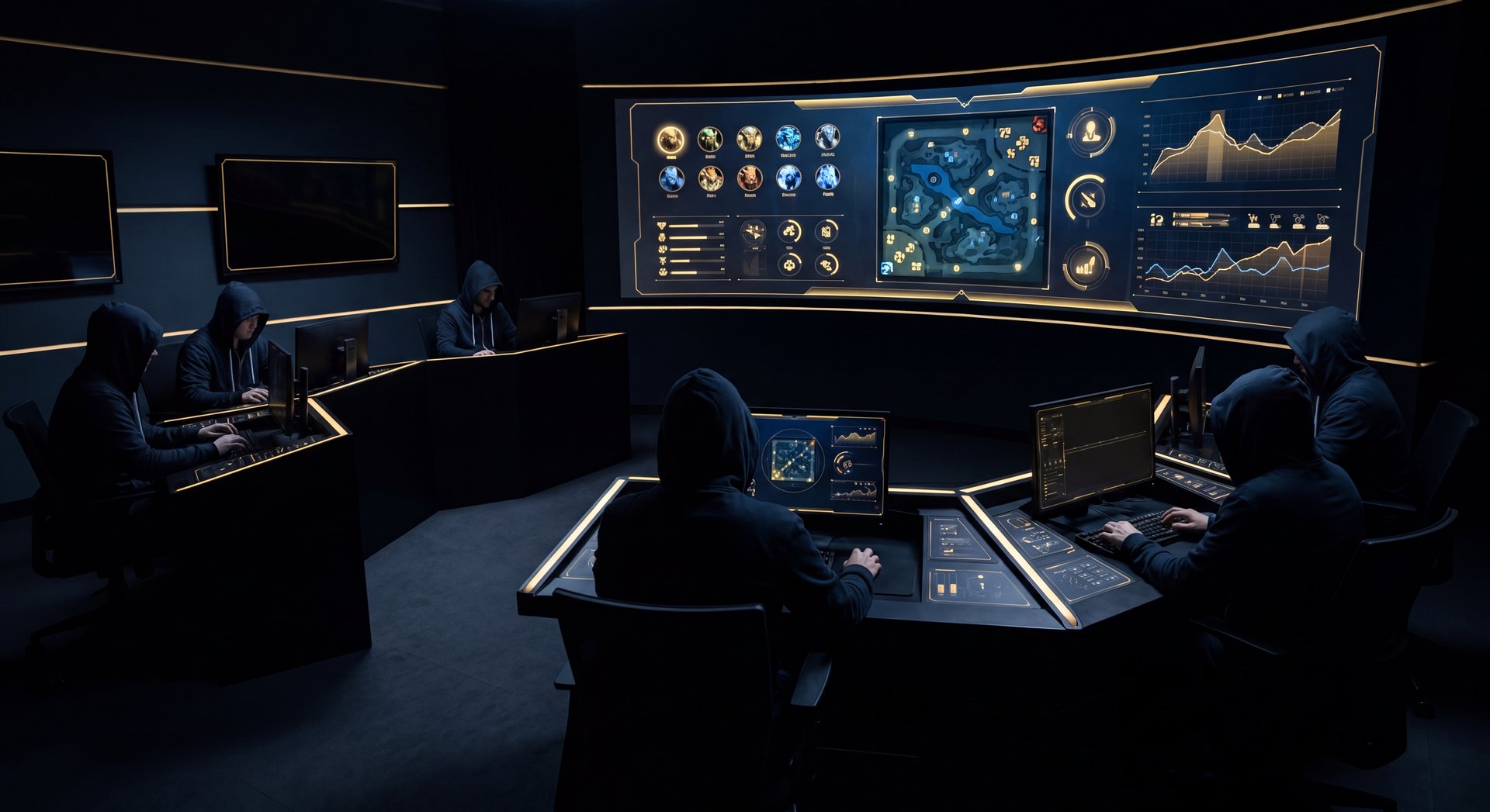 Dota 2 draft room mood with black and gold lighting