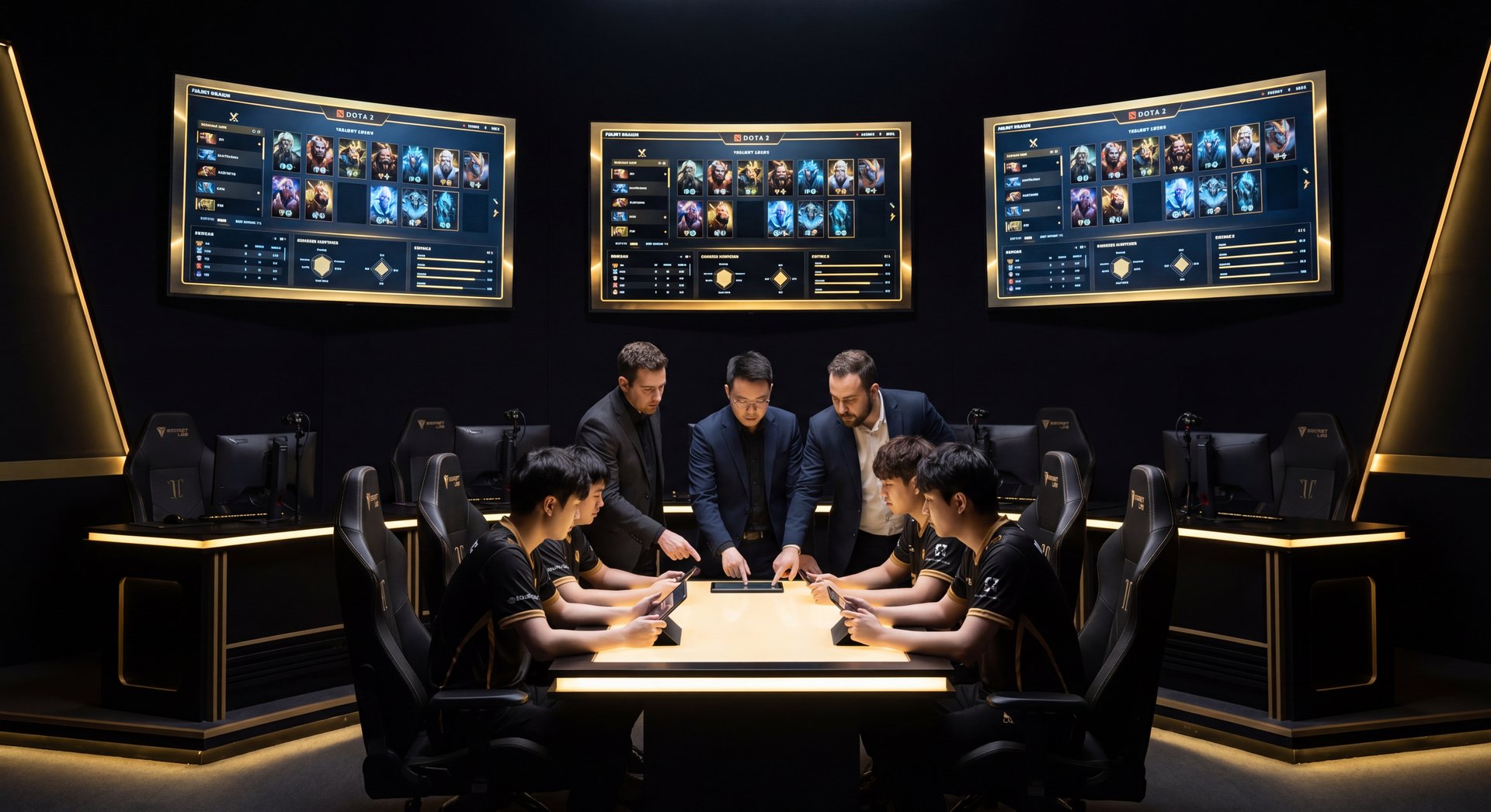 Professional Dota 2 draft room with strategic screens