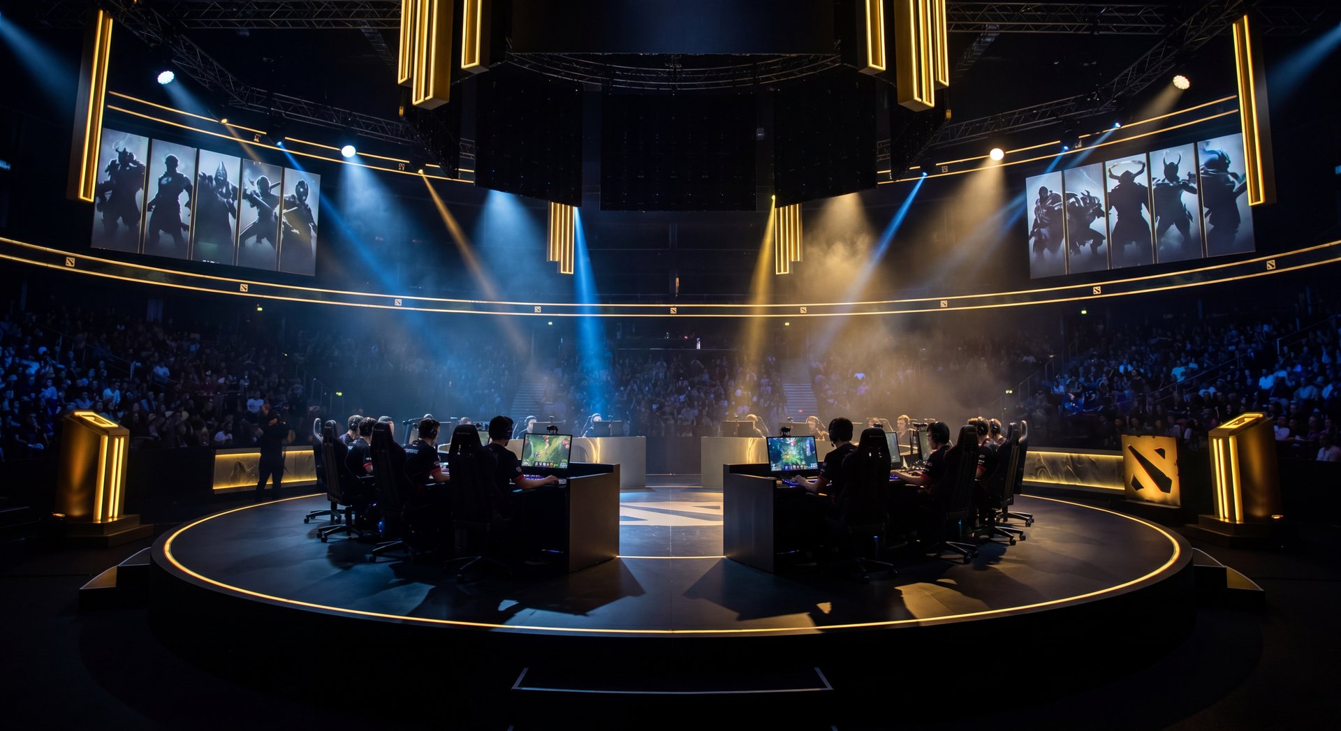 Dota 2 pro arena with dark cinematic lighting