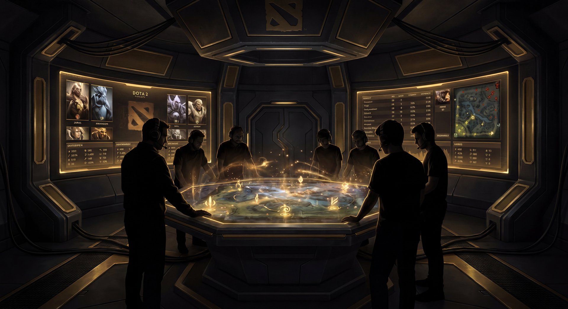 Dota 2 draft analysis room dark cinematic style