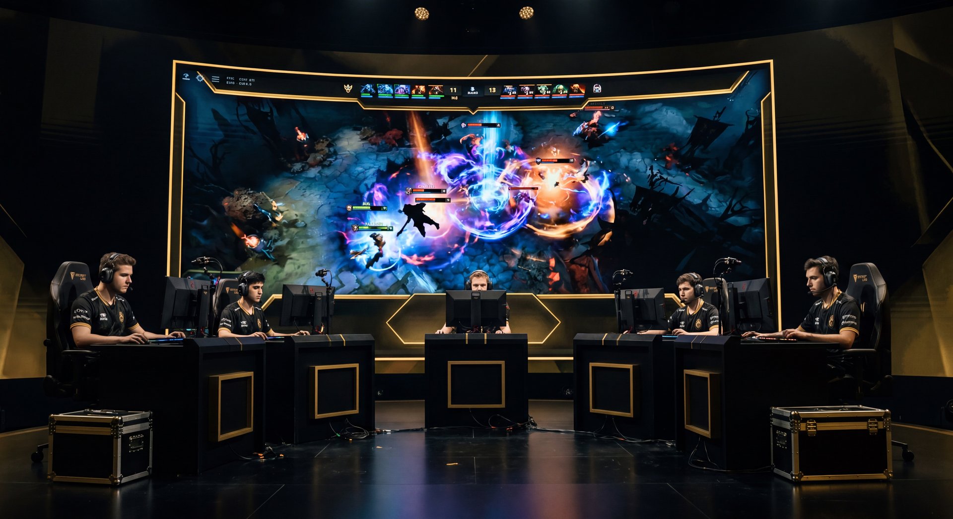High pressure Dota 2 teamfight with dark cinematic style