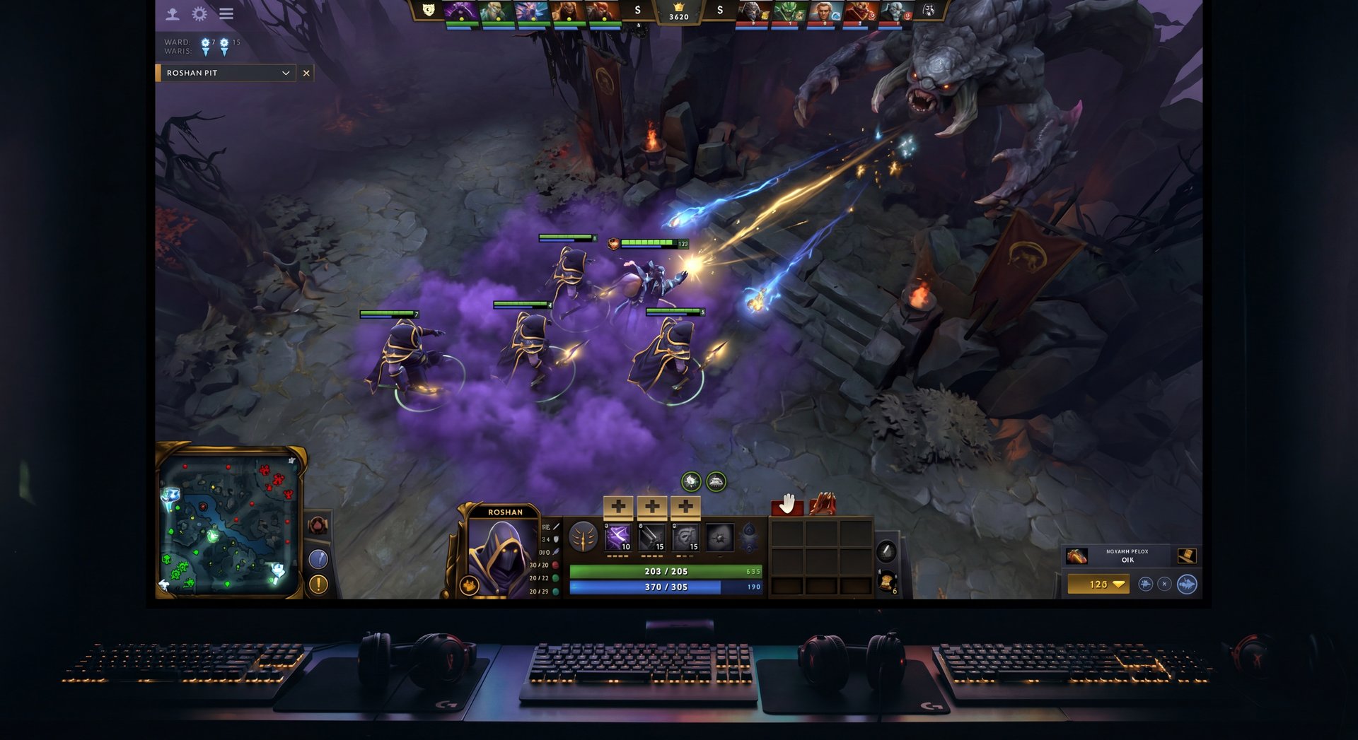 Dota 2 team fight map control in dark cinematic style