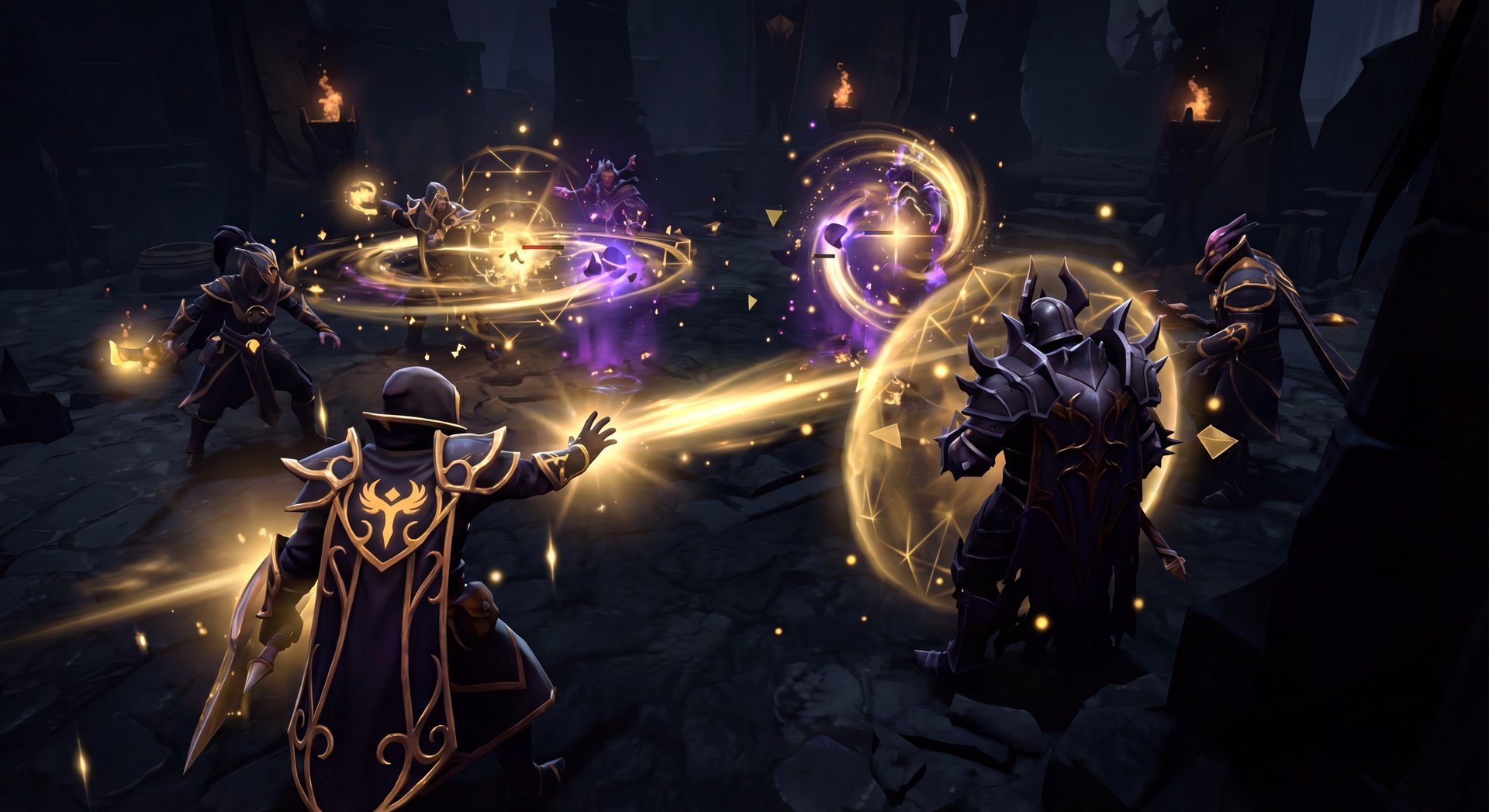 Two Dota 2 teams clashing in dark arena with gold highlights
