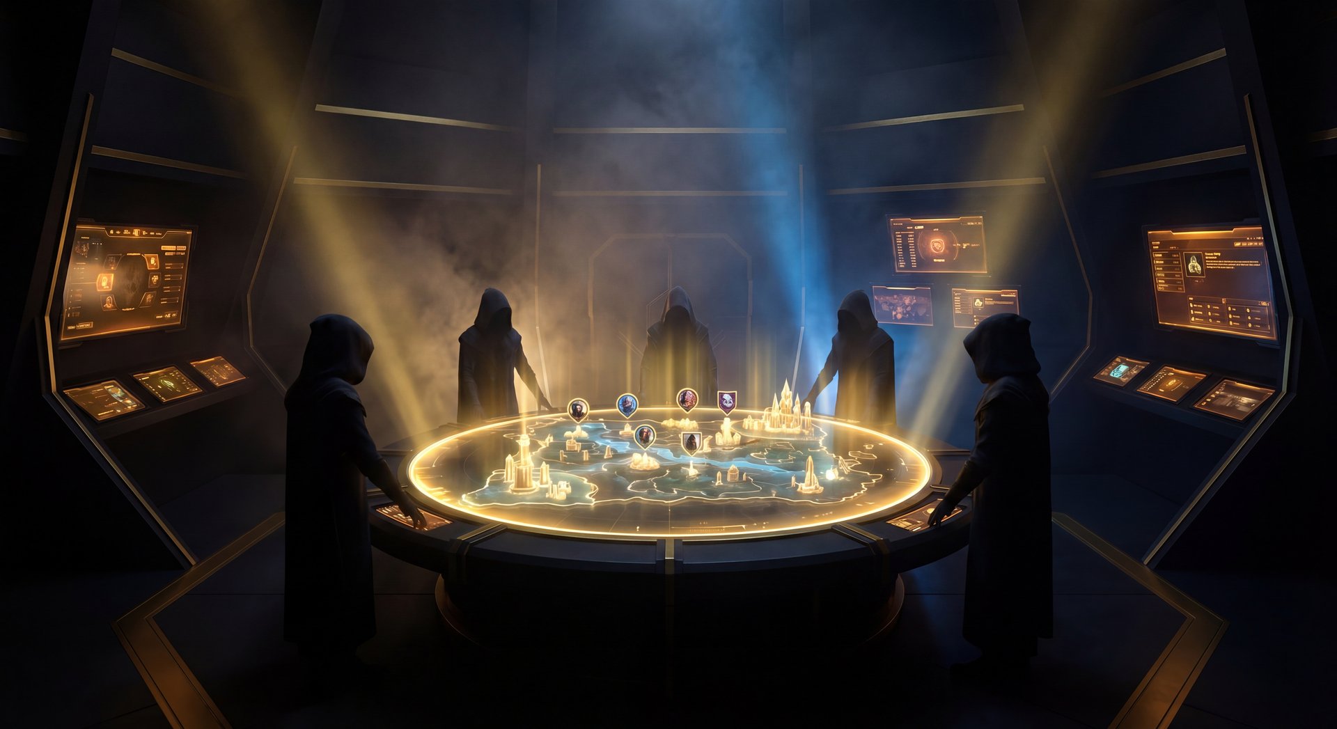 Dota 2 tactical map with dark cinematic lighting