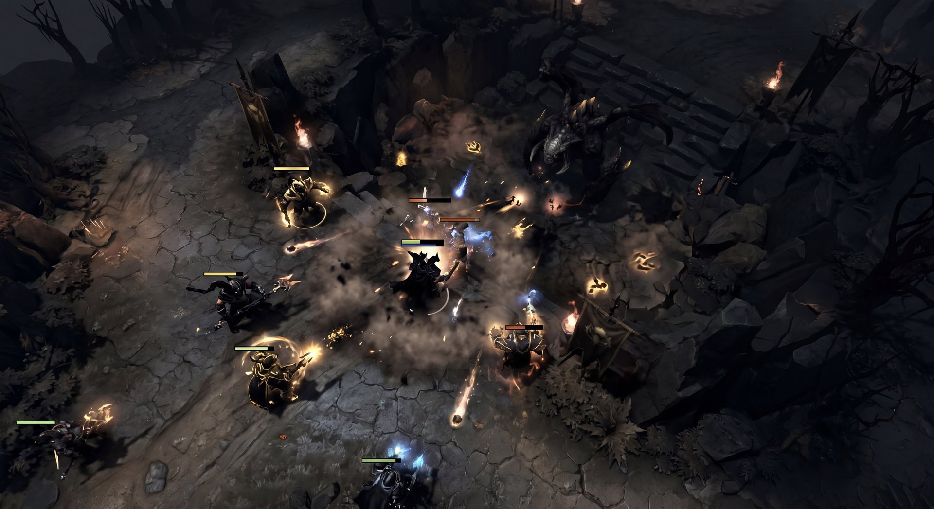 Dota 2 team fight scene with gold and black cinematic style