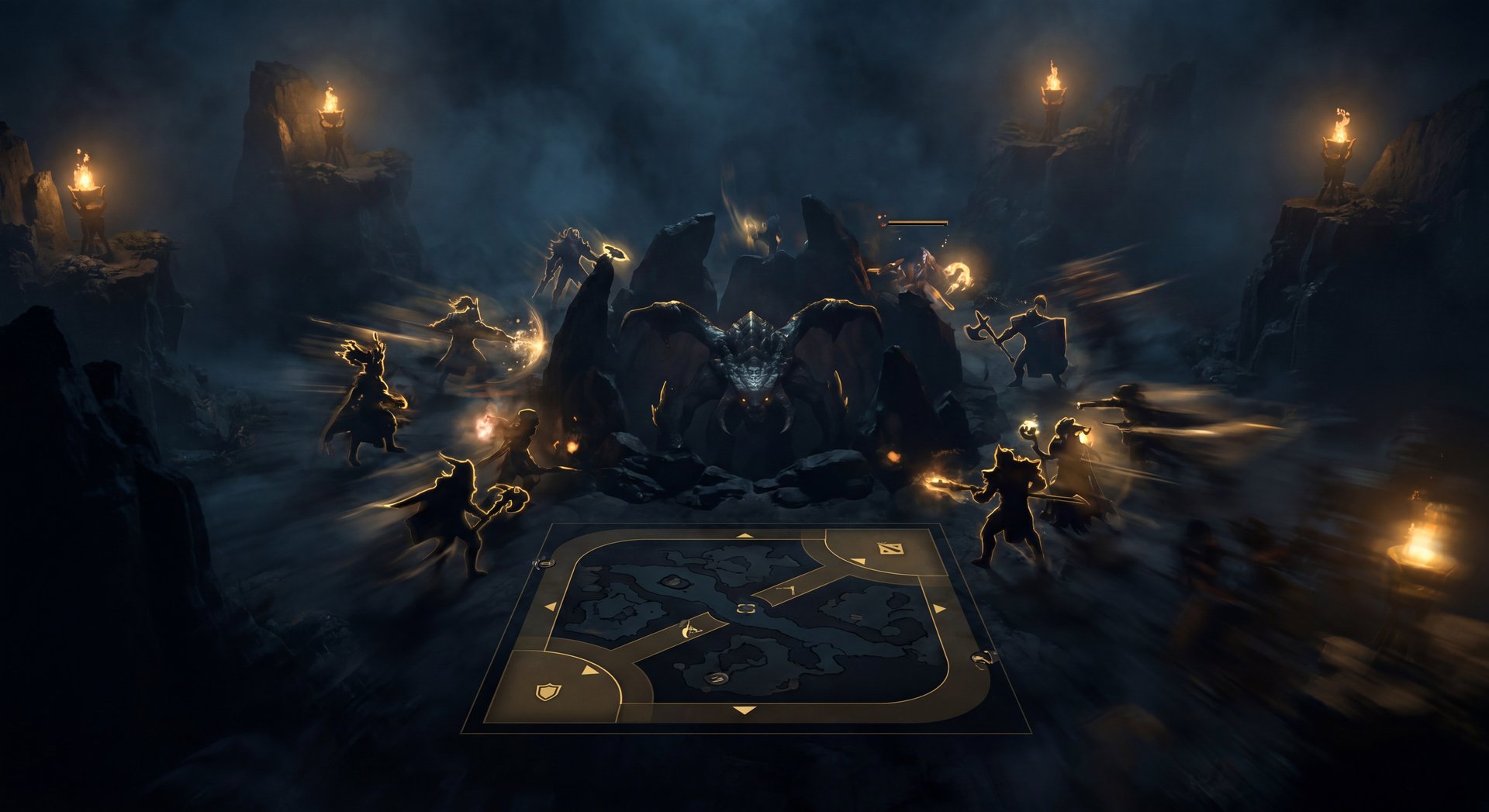 Dota 2 strategic map control concept with cinematic mood