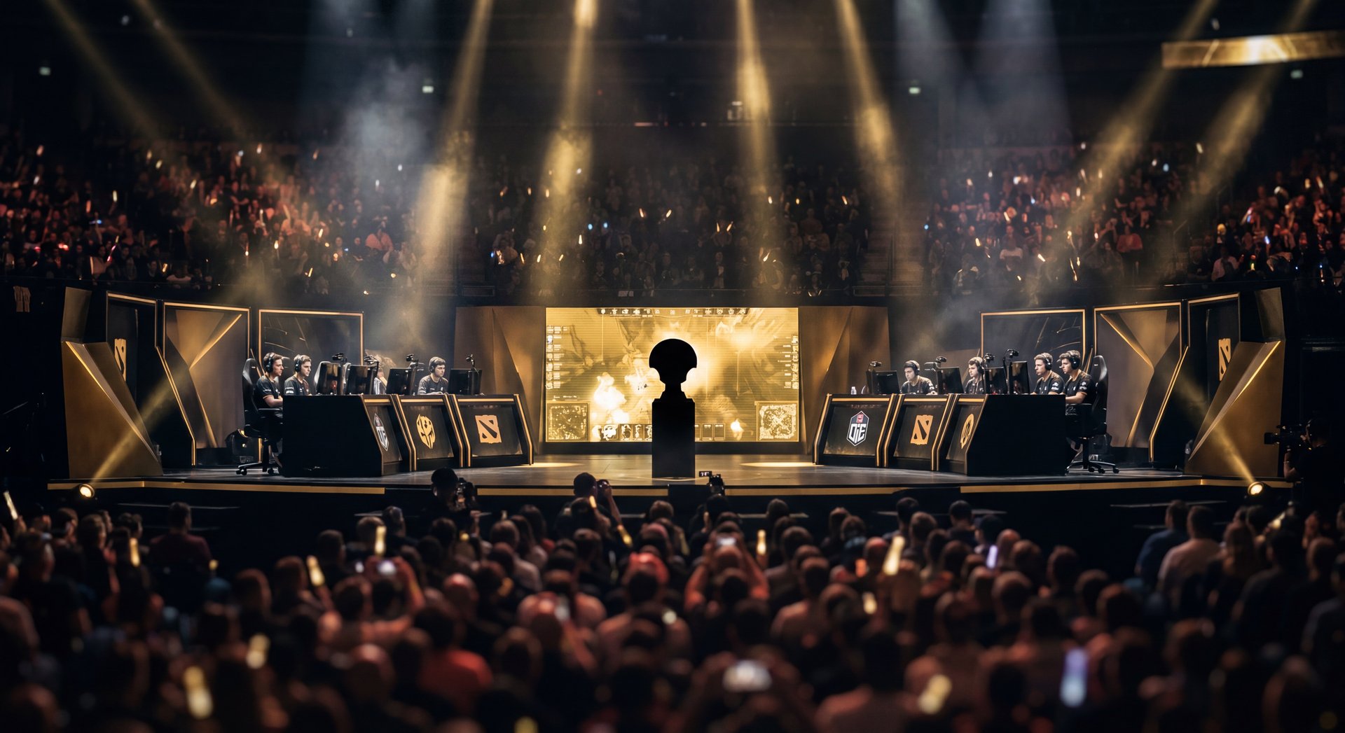 Esports grand final atmosphere with gold accents and dark stage