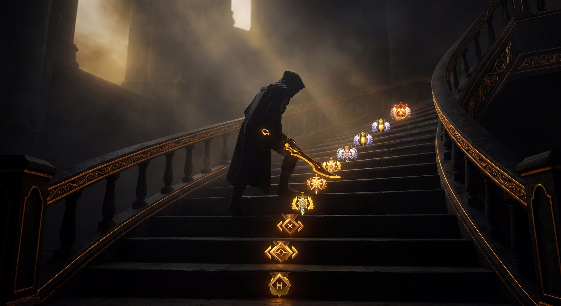 High rank Dota 2 progression concept with MMR growth and dark golden visuals