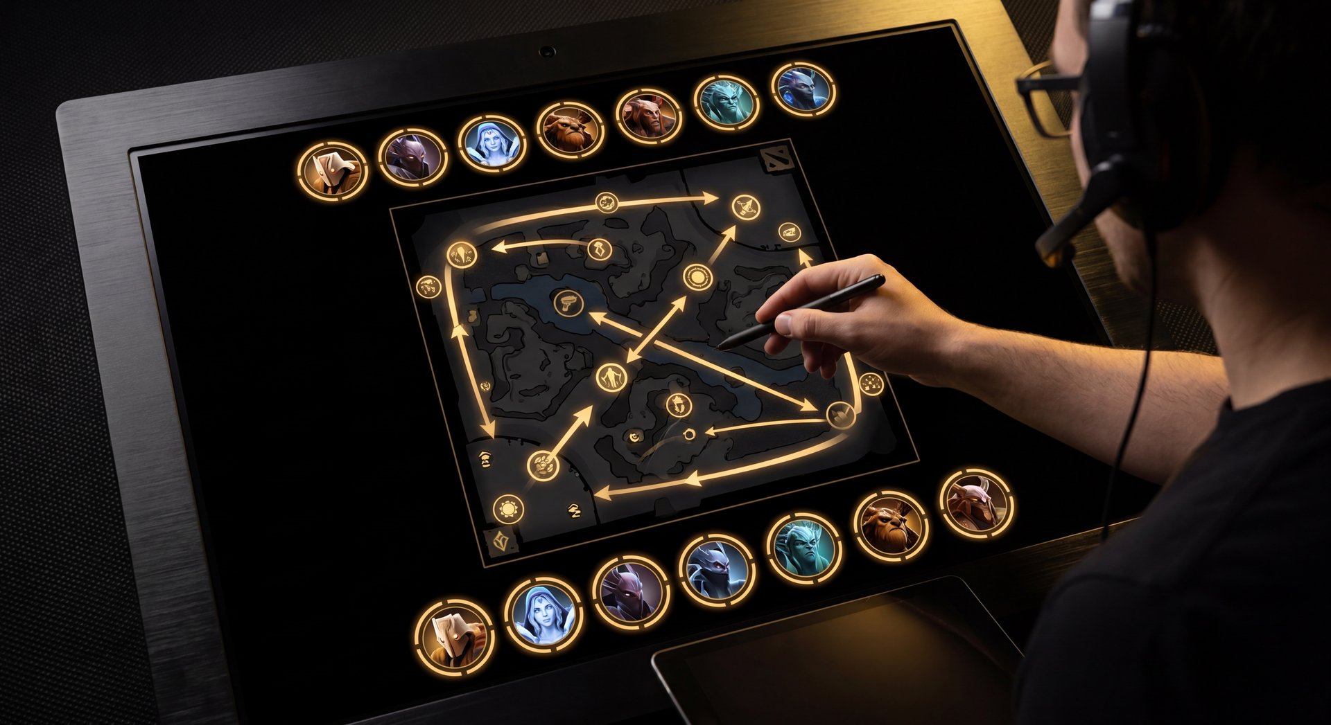 Dota 2 hero draft board with dark gold cinematic style