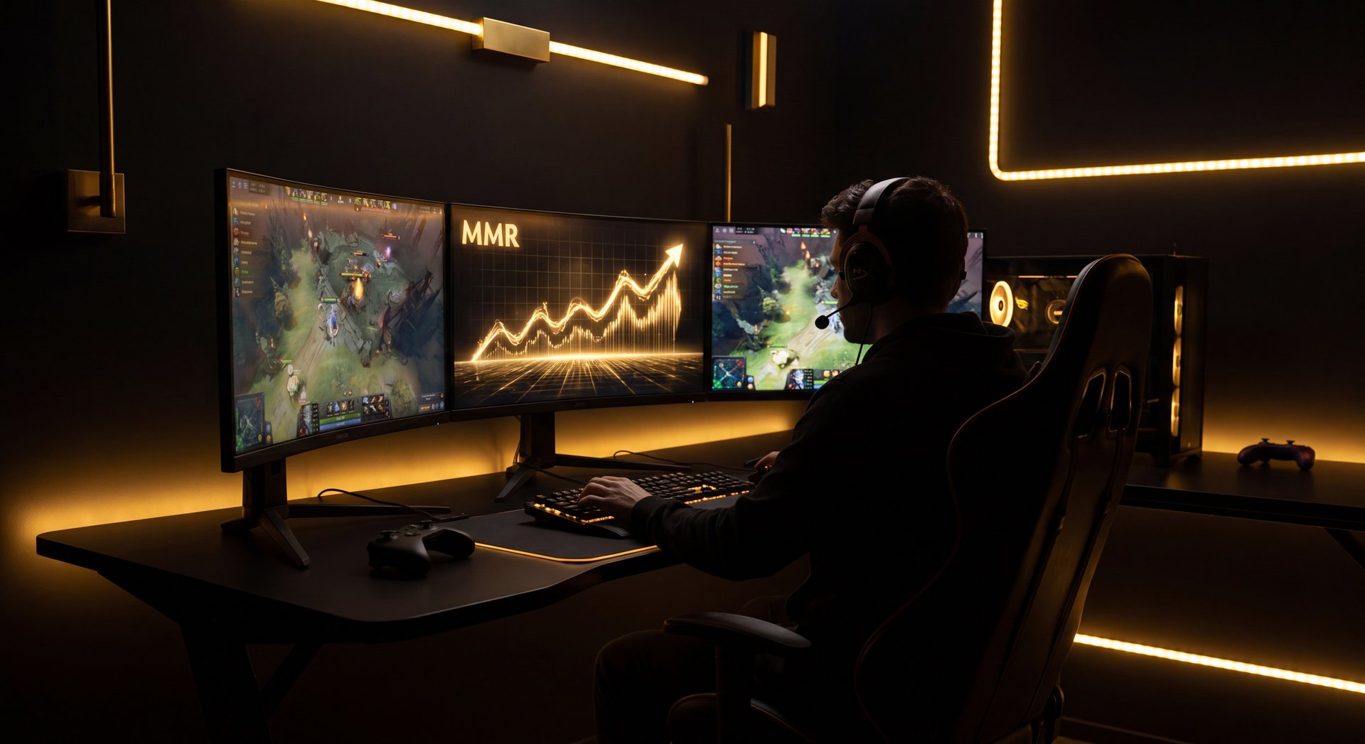MMR improvement roadmap for Dota 2 players in dark cinematic scene