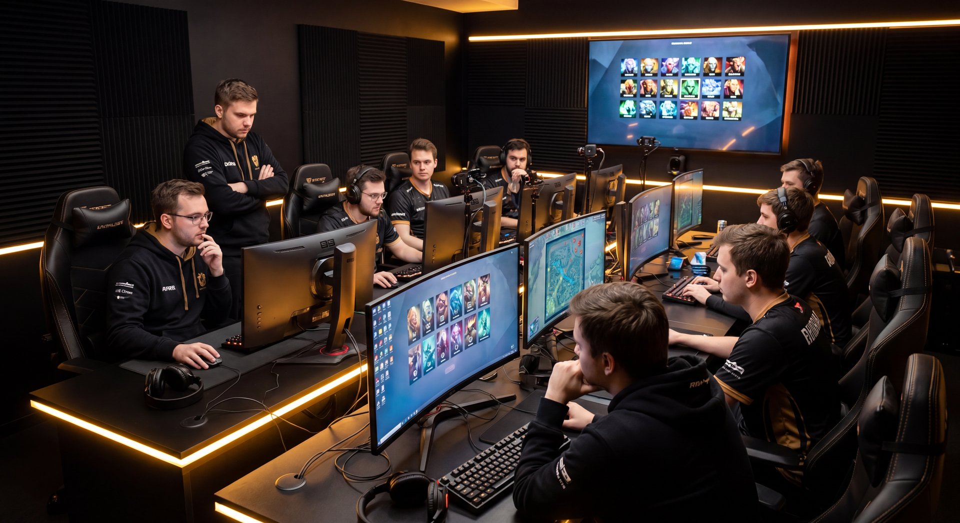 Dota 2 draft strategy room with cinematic dark lighting and gold accents