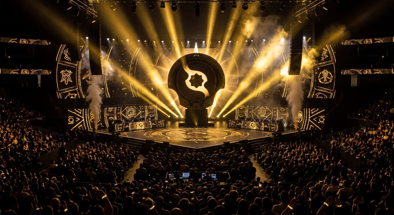 Dota 2 tournament stage cinematic dark gold black