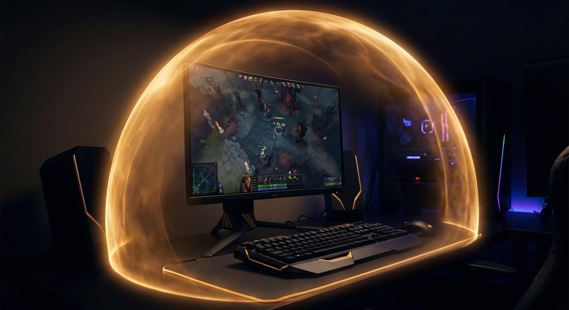 Secure gaming account concept with shield and dota style atmosphere