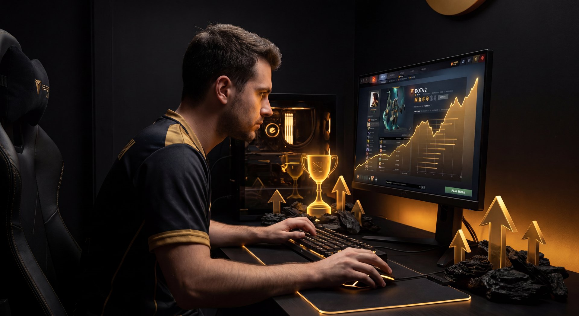 High rank Dota 2 player climbing MMR in dark gold themed scene