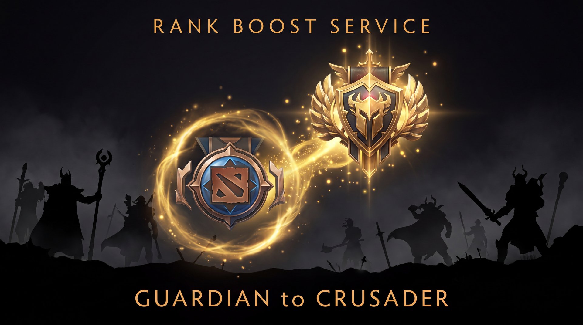 Dota 2 Guardian to Crusader rank boost service - gold rank medals on dark background