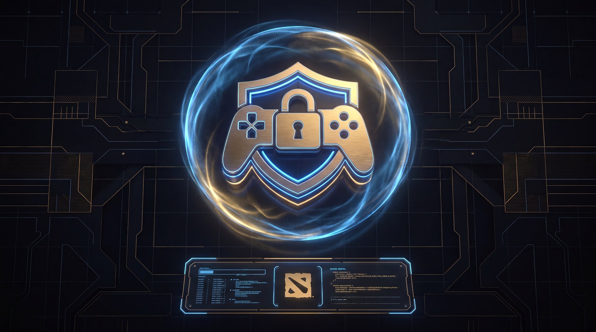 Dota 2 account security shield with gold accents on dark gaming background