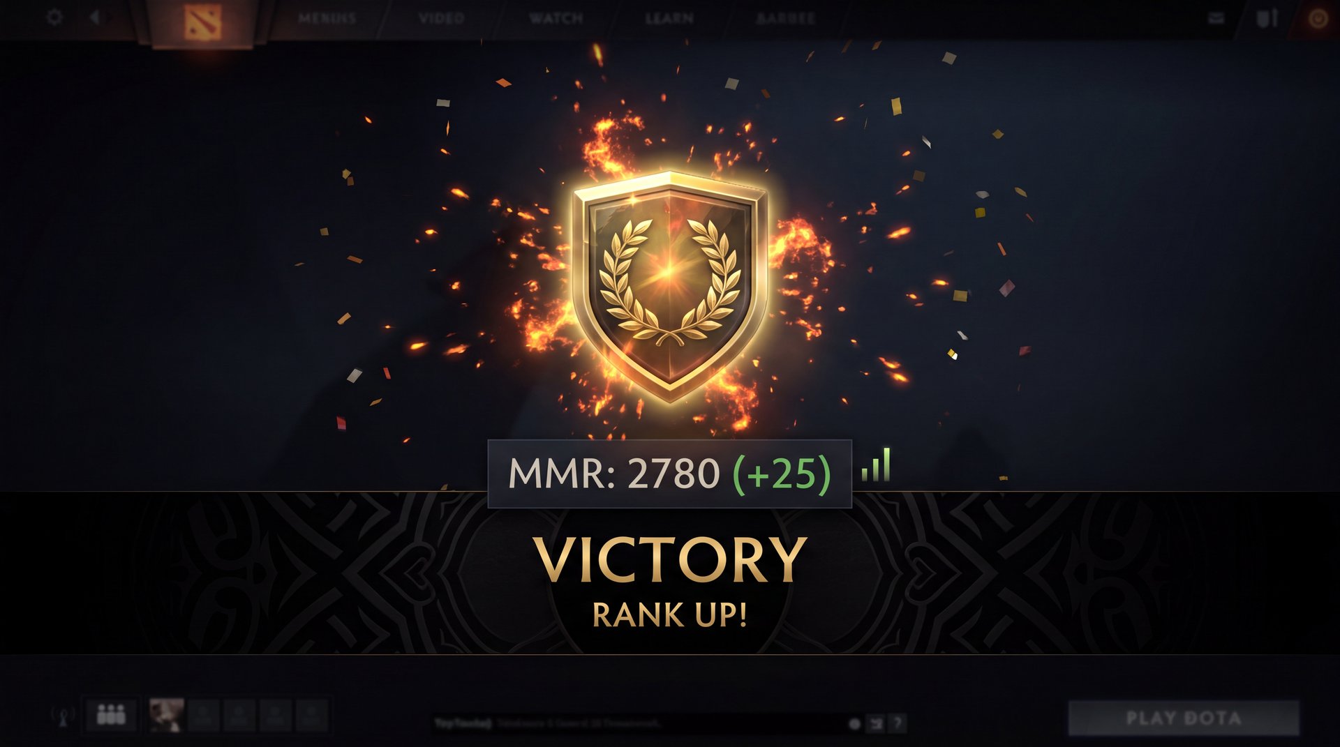 Archon rank badge with golden MMR victory screen in Dota 2 dark cinematic style