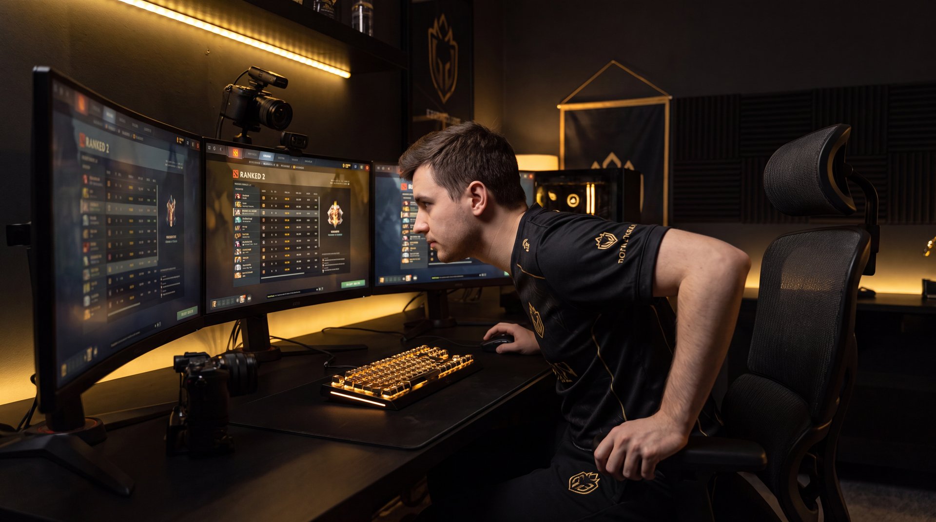 Professional Dota 2 booster playing ranked match with cinematic gaming setup on dark background