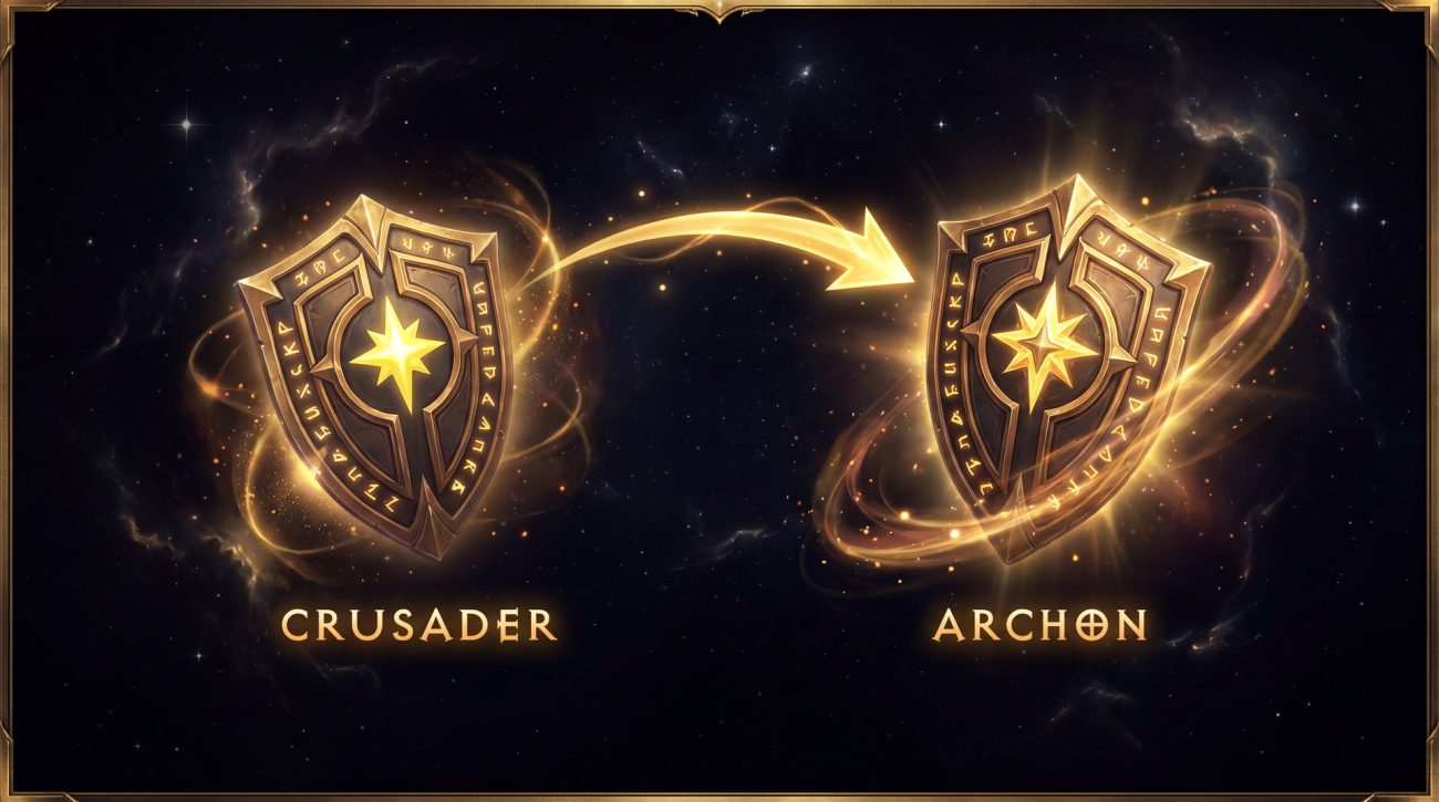 Dota 2 rank progression from Crusader to Archon with glowing medal shields