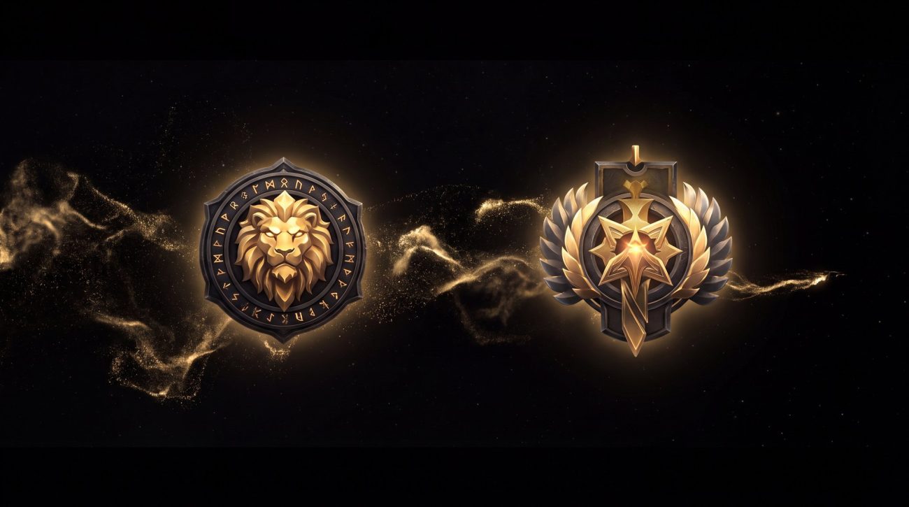 Dota 2 Legend and Ancient rank medals glowing in dark space with gold energy
