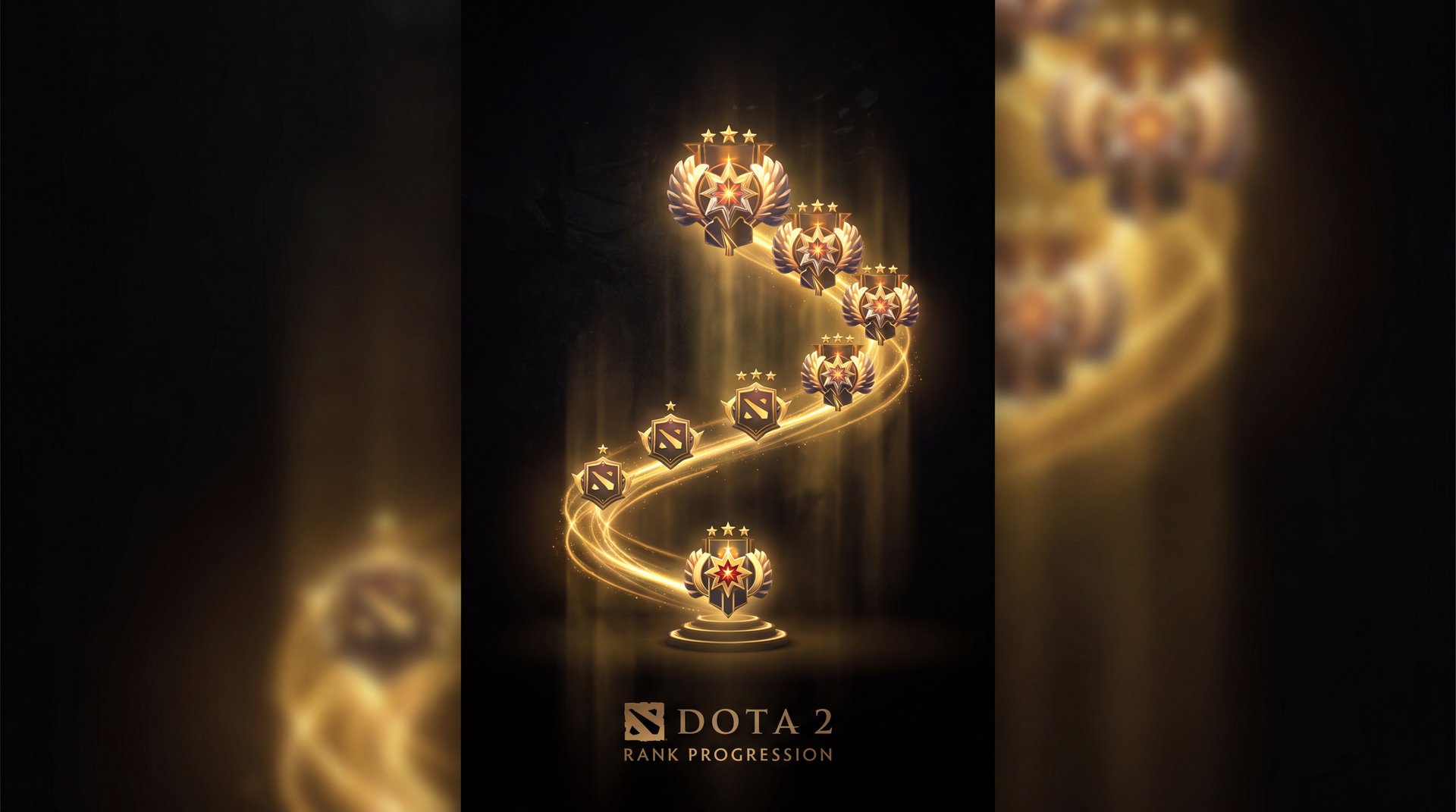 Dota 2 rank medals Legend and Ancient side by side on dark cinematic background