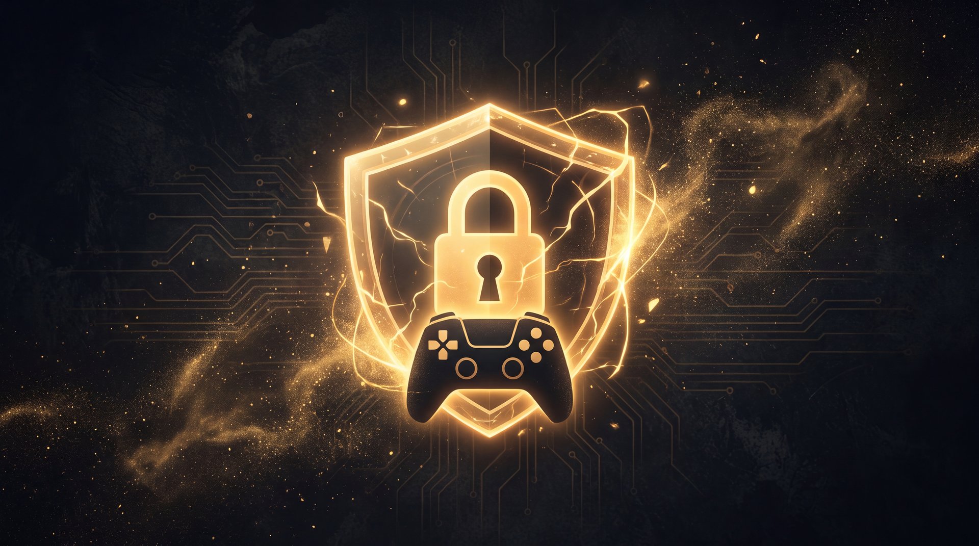 Secure account protection shield digital gaming security gold black cinematic