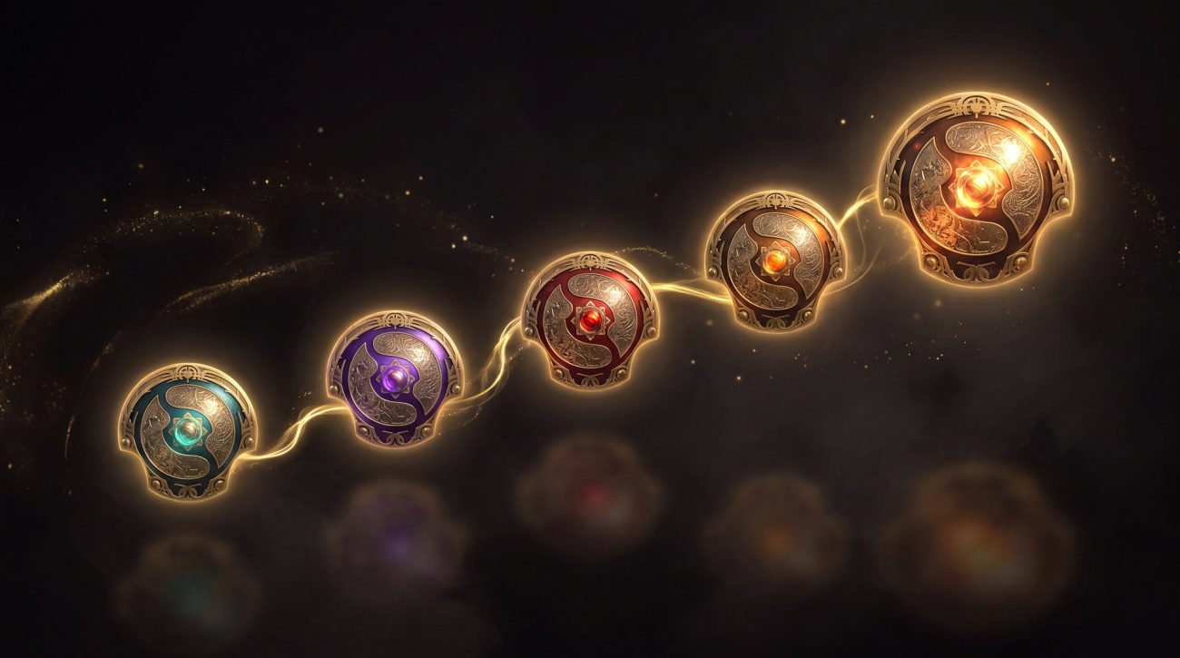 Dota 2 rank medal progression from Ancient to Divine gold black gaming art