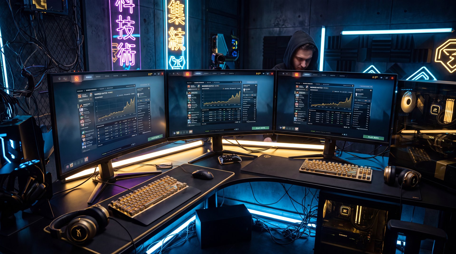 Professional Dota 2 booster at gaming battle station playing ranked match gold black