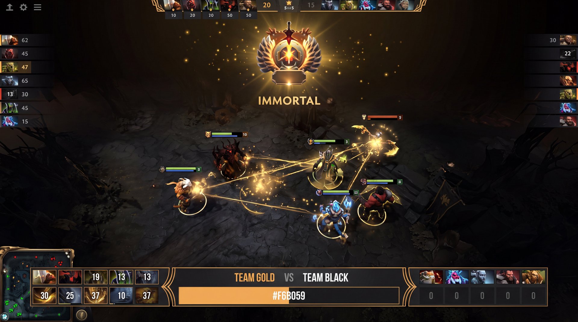 Dota 2 Immortal rank gameplay coordination teamfight cinematic dark gold theme