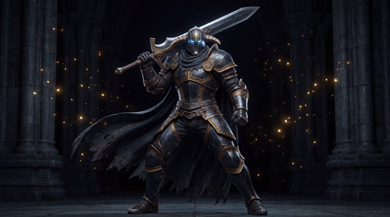 Sven the Rogue Knight Dota 2 hero full body warrior stance dark armor gold accents