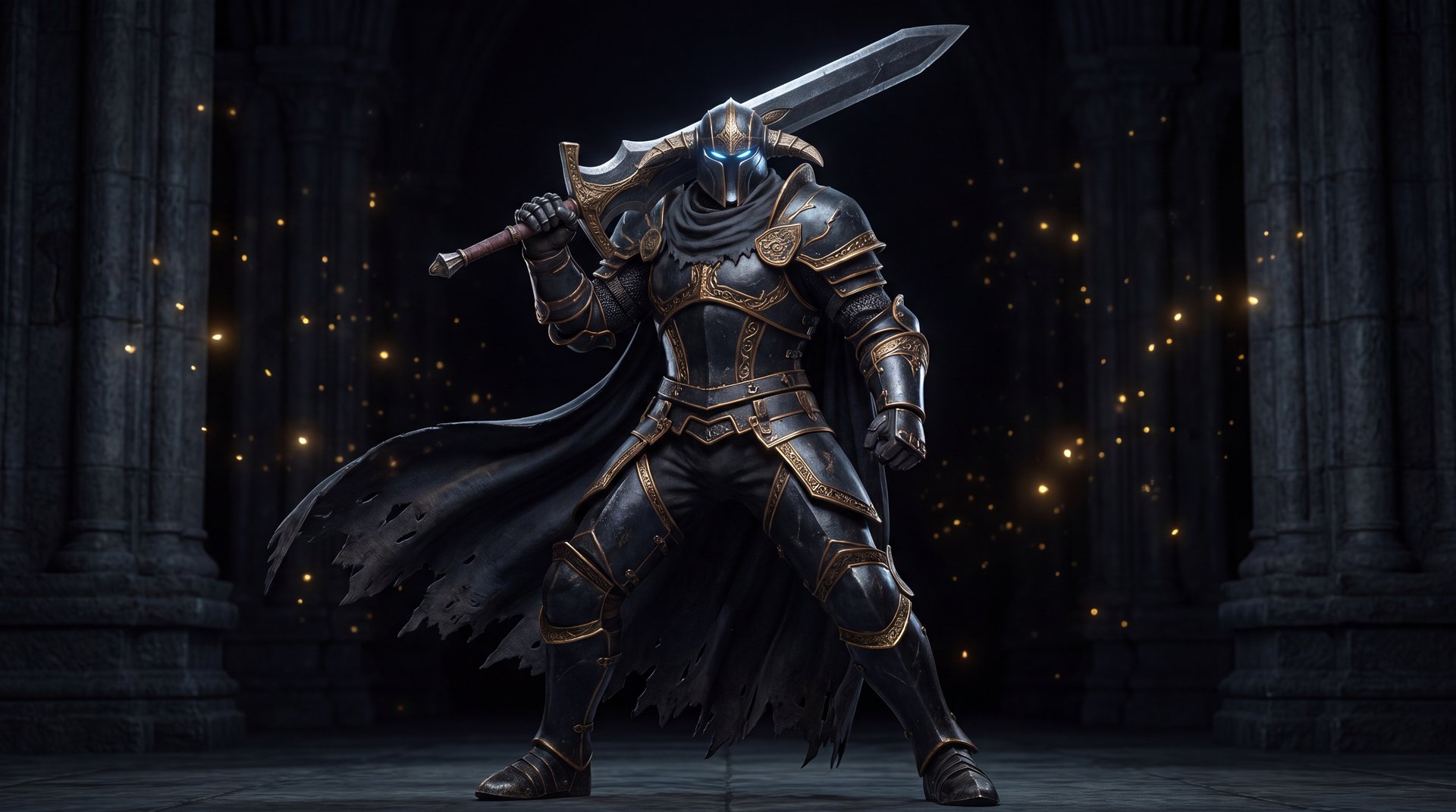 Sven the Rogue Knight Dota 2 hero full body warrior stance dark armor gold accents