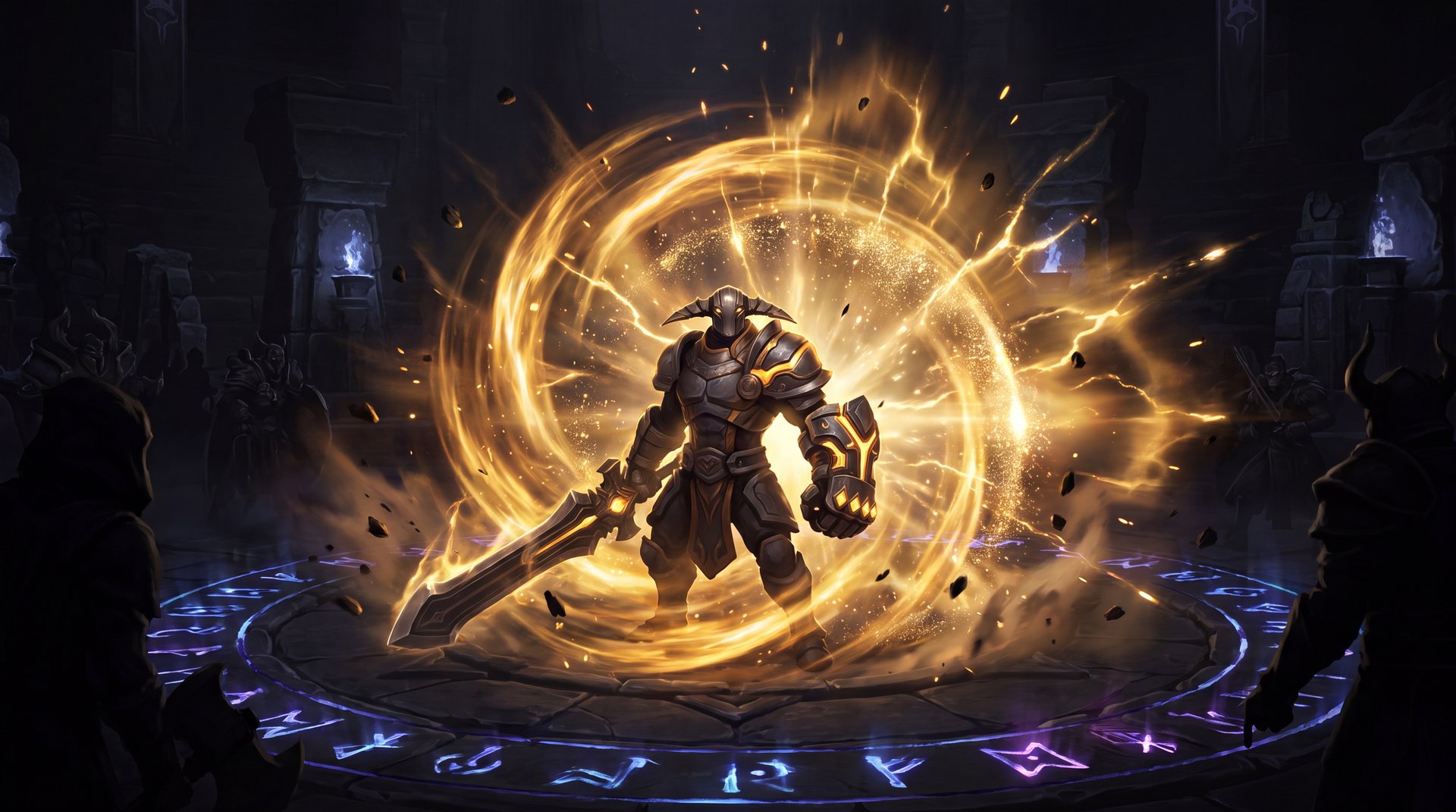 Sven Dota 2 God's Strength ultimate activation glowing golden energy dark arena