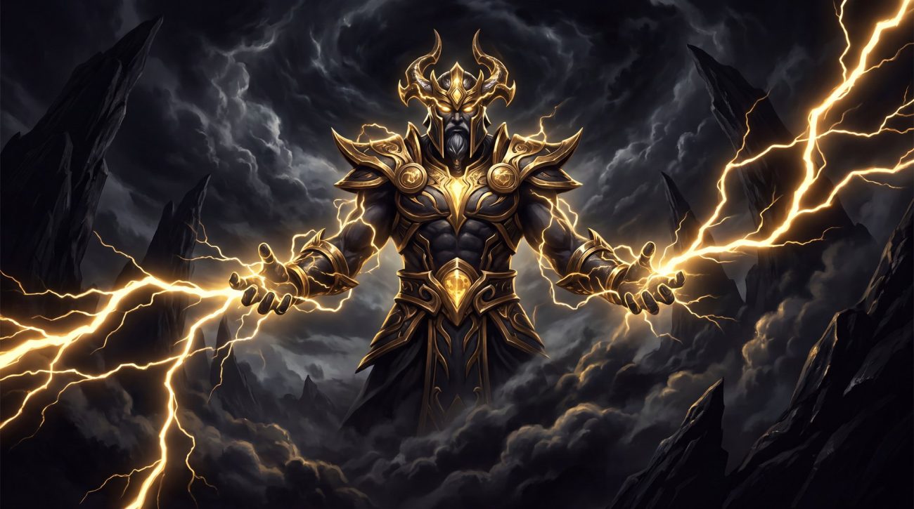 Zeus Dota 2 hero portrait lightning god cinematic gold black